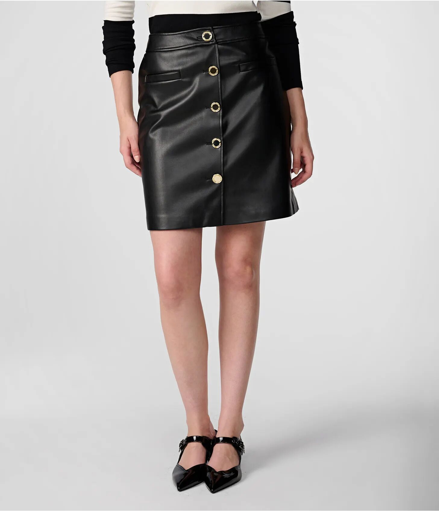 Karl Lagerfeld Paris   Women's Pu Button Front Skirt   Black  - Black - Size: 10