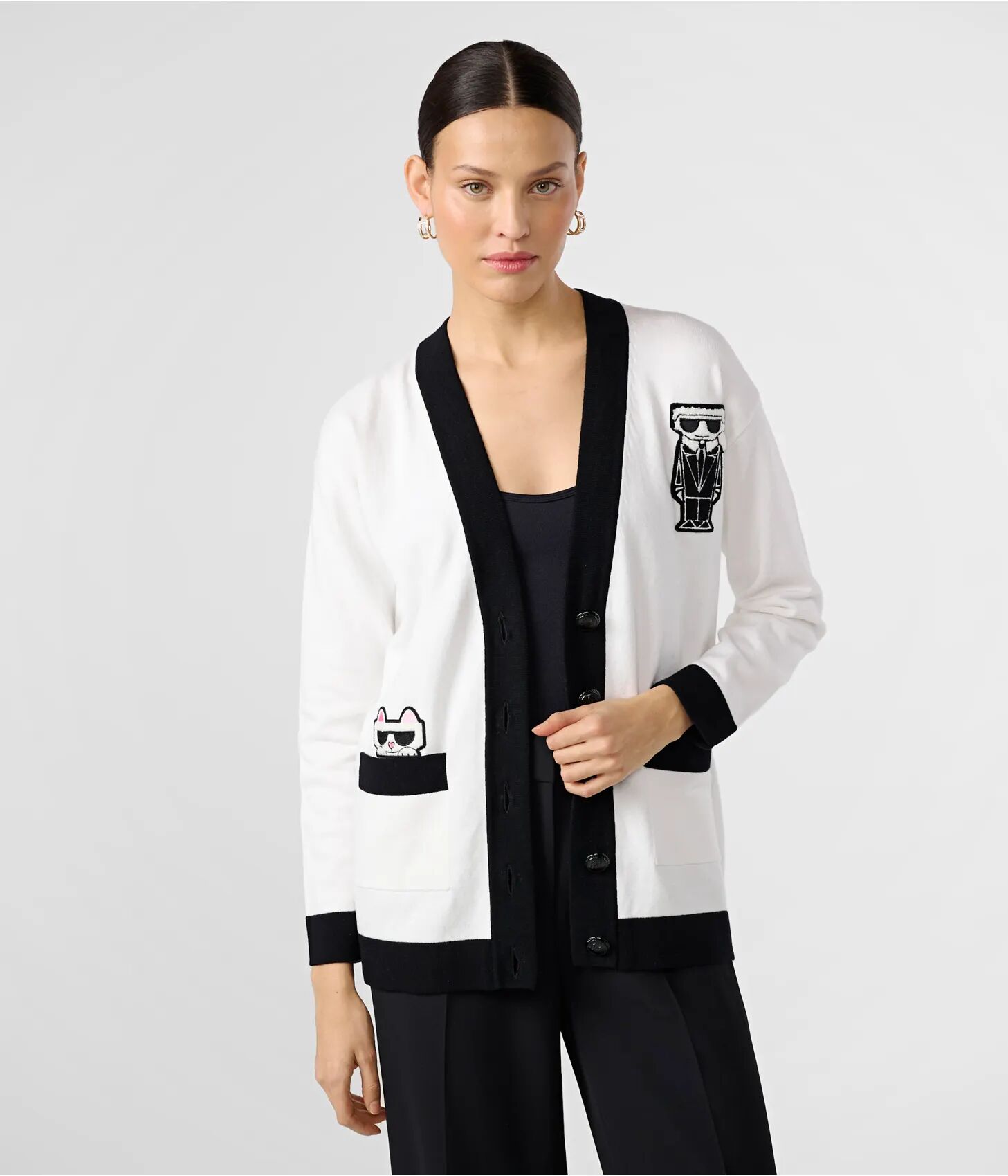 Karl Lagerfeld Paris   Women's Varsity Patches Cardigan   Soft White/Black   Cotton/Nylon   Size XL  - Soft White/Black - Size: Extra Large
