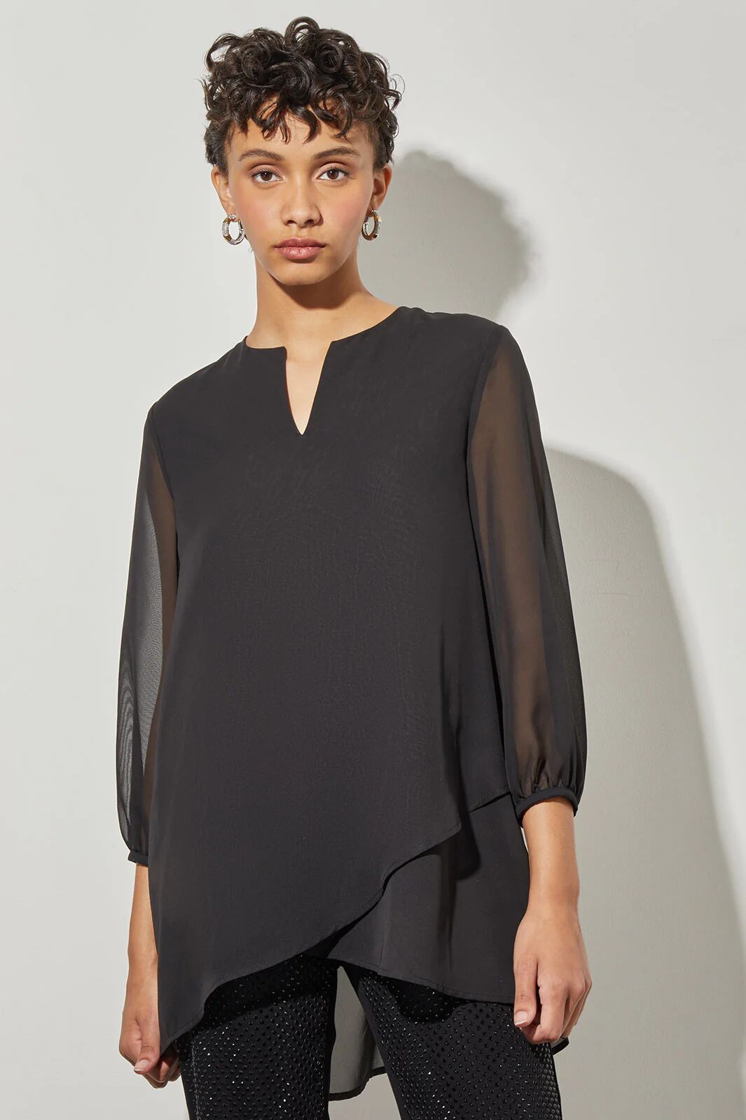 Ming Wang High-Low Blouse - Split Neck Chiffon  - Black - Size: XS