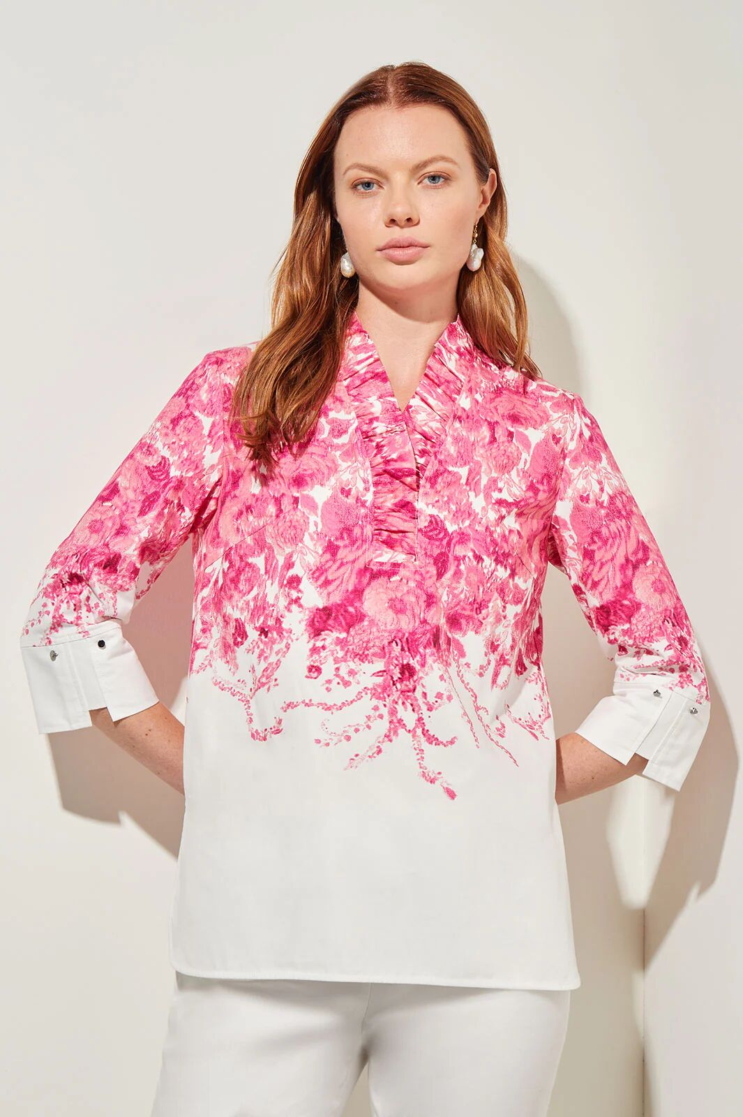 Ming Wang Plus Size Ruffle V-Neck Blouse - Floral Cotton Poplin  - Carmine Rose/Perfect Pink/White - Size: 1X