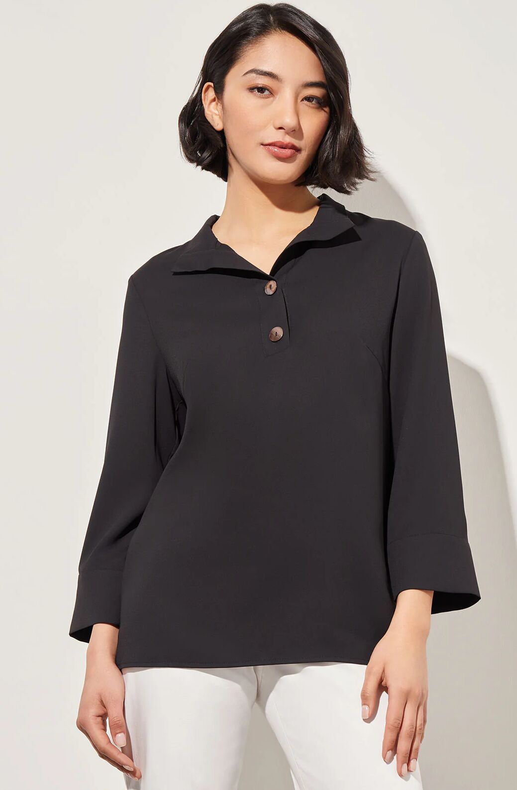 Ming Wang Wing Collar Blouse - Crepe de Chine  - Black - Size: L