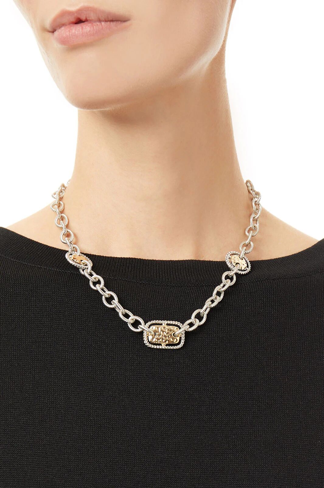 Ming Wang Hammered Gold-Tone Accent Short Silver Link Necklace  - Silver/Gold