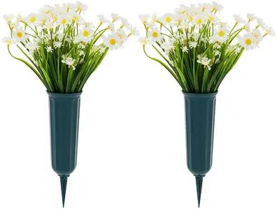 Bright Creations White Artificial Flowers for Cemetery with 2 Cone Vases, Small Bouquets for Grave Decorations (8.6 x 13 Inches, 6 Bundles), Yellow