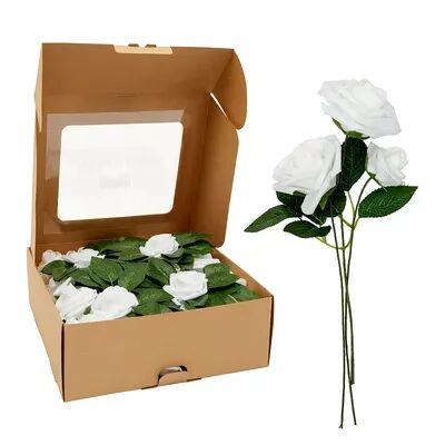 Bright Creations 60 Pieces Artificial White Flowers (3 Sizes), Foam Roses Bulk with Stems & Leaves for Wedding Decorations DIY Bouquets