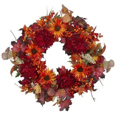 Northlight Artificial Leaves Flowers Wreath, Orange