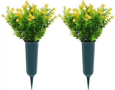 Bright Creations Yellow Artificial Flowers for Cemetery with 2 Cone Vases, Small Bouquets for Grave Decorations (8.6 x 13 Inches, 6 Bundles)