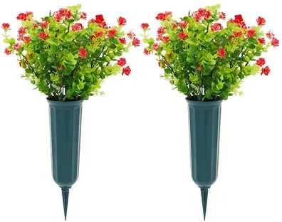 Bright Creations Red Artificial Flowers for Cemetery with 2 Cone Vases, Small Bouquets for Grave Decorations (8.6 x 13 Inches, 6 Bundles), Brt Red