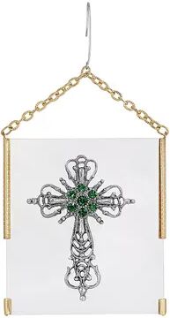 1928 Gold Tone Pewter Simulated Crystal Holiday Cross Glass Ornament, Green