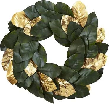 nearly natural Artificial Metallic Leaf Magnolia Wreath, Green