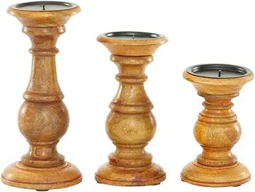 Stella & Eve Large Natural Carved Wood Candle Holders with Candle Plates & Spikes 3-pc. Set, Brown, Small