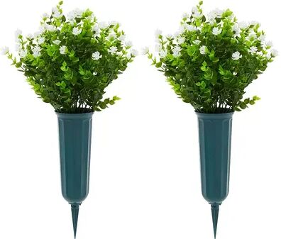 Bright Creations White Artificial Flowers for Cemetery with 2 Cone Vases, Small Bouquets for Grave Decorations (8.6 x 13 Inches, 6 Bundles)