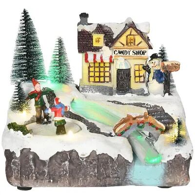 HOMCOM Animated Christmas Village Scene, Pre-Lit Musical Holiday Decoration with LED Lights, Fiber Optic, Rotating Skating Pond and 2 Skaters,