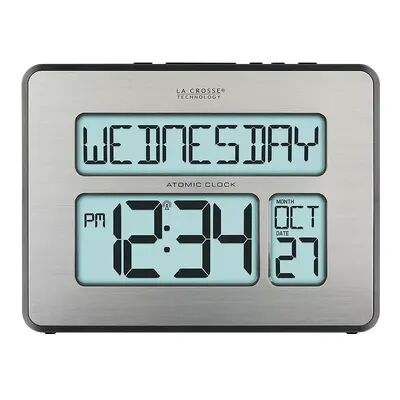 La Crosse Technology Backlight Atomic Full Calendar Digital Clock with Extra Large Digits, Silver