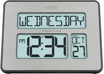 La Crosse Technology LaCrosse Technology Atomic Digital Clock with Backlight, Full Calendar & Temperature, Silver