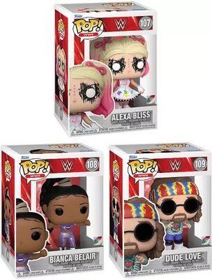 Funko Pop! WWE Collectors 3-Pack: Alexa Bliss, Bianca Bel Air, and Dude Love Figures Bundle, Multicolor