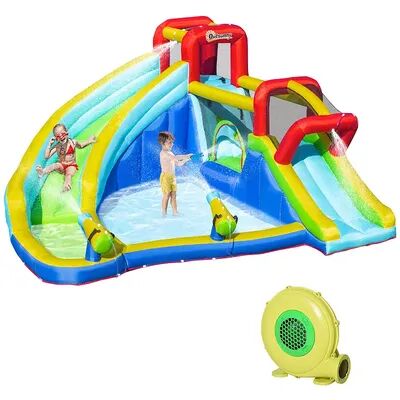 Outsunny 5 in 1 Kids Inflatable Bounce House Jumping Castle Includes Trampoline Slide Water Pool Water Gun Climbing Wall with Bag and Repair Patches,