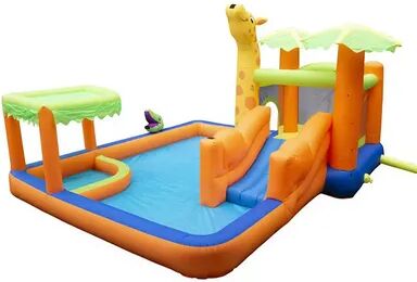 Banzai Safari Splash Water Park Inflatable Bouncer Slide with Cannon and Blower, Multicolor