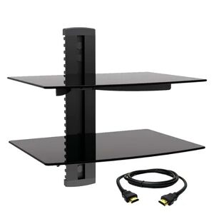 MegaMounts Tempered Glass Double Shelf Wall Mount with HDMI Cable, Grey