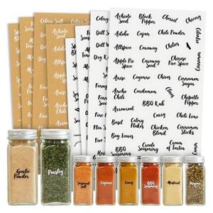 Talented Kitchen 300 Spice Jar Labels for Containers, Preprinted Black and White Cursive on Clear Seasoning Label Stickers + Numbers + Blanks for Kitchen Organization