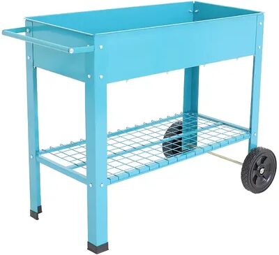 SUNNYDAZE DECOR Sunnydaze 43 in Galvanized Steel Mobile Raised Garden Bed Cart - Blue, Brt Blue