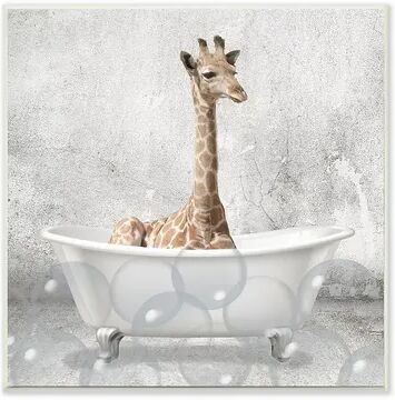 Stupell Home Decor Baby Giraffe Bath Plaque Wall Art, Grey, 12X12