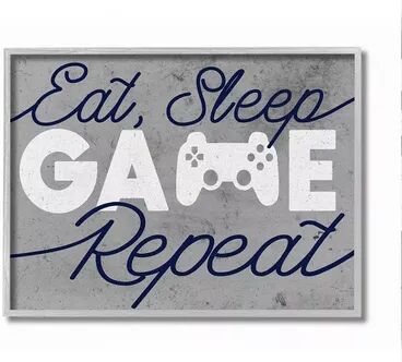 Stupell Home Decor Video Game Controller Eat Sleep Game Repeat Quote Wall Art, Grey, 16X20