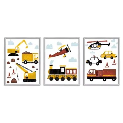Stupell Home Decor Travel and Construction Illustration Trains Trucks Cars Wall Art, White, 16X20
