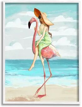 Stupell Home Decor Woman Beach Flamingo Framed Wall Art, Blue, 24X30