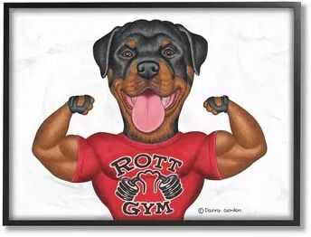 Stupell Home Decor Rott Gym Dog Pun Weightlifting Pet Illustration Framed Wall Art, White, 24X30