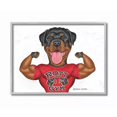 Stupell Home Decor Rott Gym Dog Pun Weightlifting Pet Illustration Framed Wall Art, White, 11X14