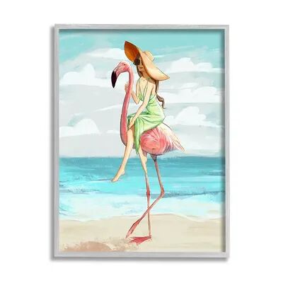Stupell Home Decor Flamingo Beach Woman Framed Wall Art, Blue, 24X30