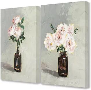 Stupell Home Decor Abstract Pink Green Flowers In Jug Neutral Grey Painting 2 Piece Wall Art Set by Victoria Borges, Multicolor, 16X20