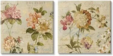 Stupell Home Decor Vintage French Floral Painting Canvas Wall Art, 2-piece Set, Beig/Green, 17X17