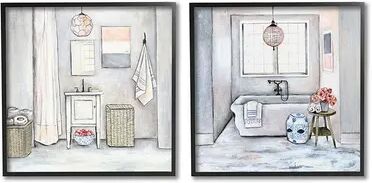 Stupell Home Decor Bathroom Interior Cottage Framed Wall Art 2-piece Set, Red, 12X12