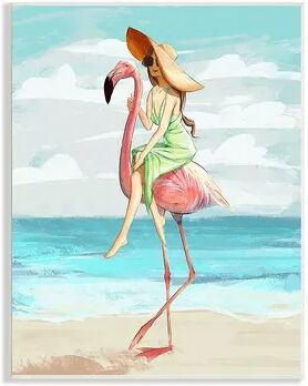 Stupell Home Decor Beach Woman Flamingo Plaque Wall Art, Blue, 13X19