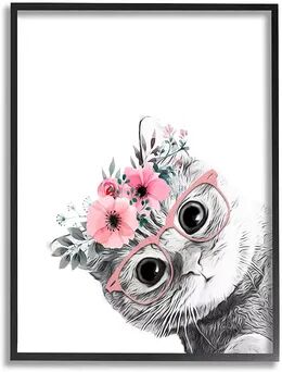 Stupell Home Decor Flower Crown Cat Glasses Framed Wall Art, White, 16X20