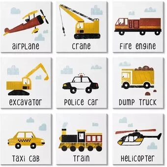 Stupell Home Decor Construction and Transportation Vehicles Canvas Wall Art 9-piece Set, White, 12X12