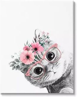 Stupell Home Decor Flower Crown Cat Glasses Canvas Wall Art, White, 16X20