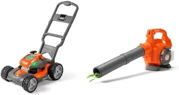 Husqvarna Battery Powered Kids Toy Lawn Mower + Toy Leaf Blower with Sounds, Drk Orange