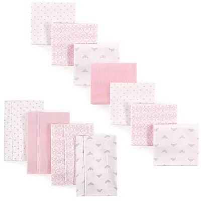 Luvable Friends Infant Girl Cotton Flannel Burp Cloths and Receiving Blankets, 11-Piece, Tiara, One Size, Med Pink