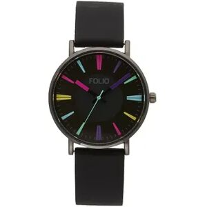 Folio Women's Black Strap Carnival Dial 3 Hand Watch, Size: Medium