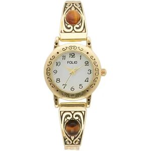 Folio Women's Simulated Amber, Filigree & Expansion Back Easy Read Watch, Gold