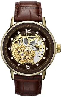 Relic by Fossil Men's Automatic Leather Skeleton Watch, Size: Large, Brown