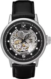 Relic by Fossil Men's Leather Automatic Skeleton Watch, Size: Large, Black