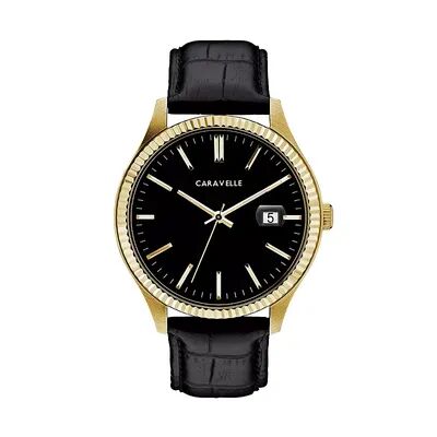 Caravelle by Bulova Men's Leather Watch - 44B118, Size: Large, Black