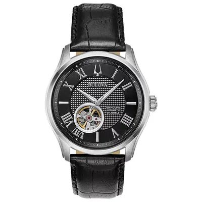Bulova Men's Wilton Automatic Black Leather Watch - 96A217, Size: Large