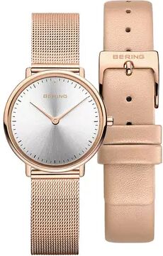 BERING Women's Classic Rose Gold Stainless Milanese Watch with Nude Leather Strap Box Set, Size: Small, Pink