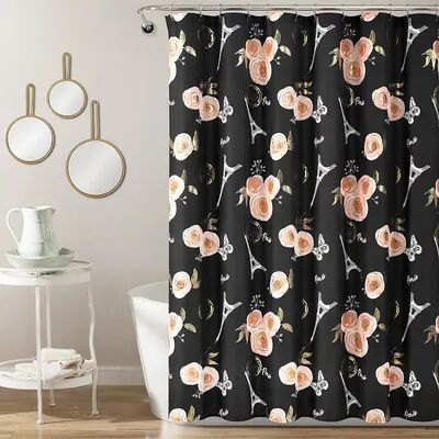 Lush Decor Vintage Paris Rose Butterfly Script Shower Curtain, Black, 72X72