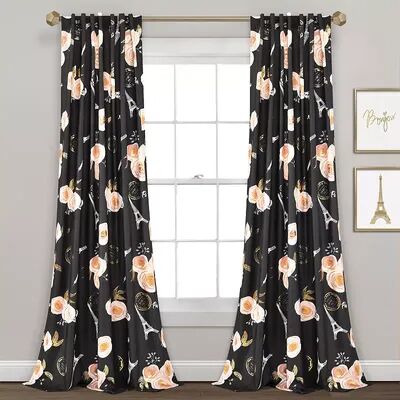 Lush Decor 2-pack Vintage Paris Rose Butterfly Script Window Curtain Set, Black, 52X84