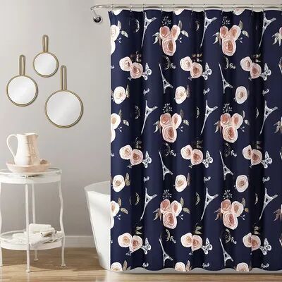 Lush Decor Vintage Paris Rose Butterfly Script Shower Curtain, Blue, 72X72